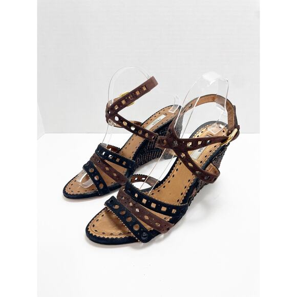 Prada Brown & Black Cutout Leather Woven Wedge Sandals Size 40 - Picture 4 of 10